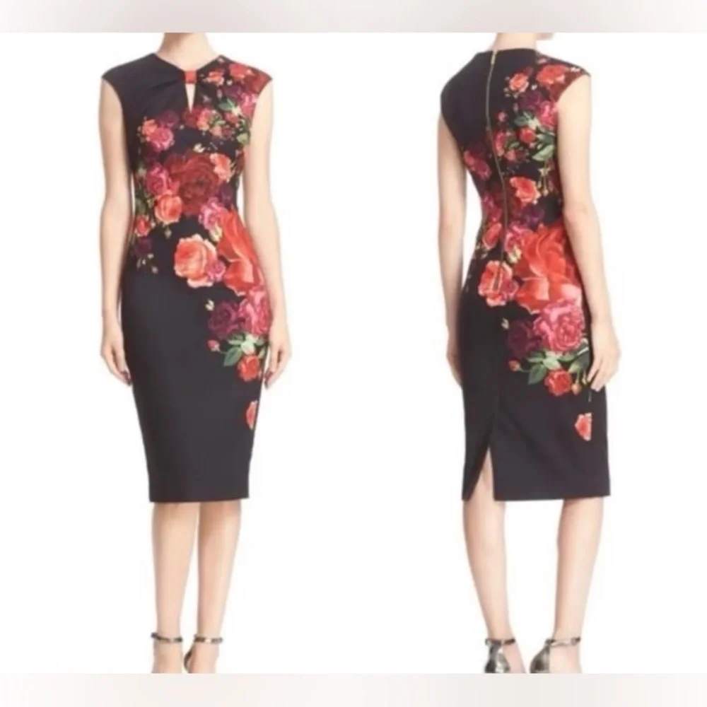 Ted Baker London Mirrie Floral Black Midi Dress sz 1 - Picture 6 of 11